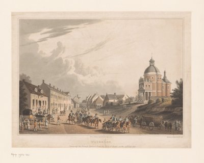 Kilátás Waterloo-ra, ahol a francia csapatok egy ágyút mozgatnak Waterloo. A francia ágyú átszállítása a harcmezőről, 1815. július 24-én (cím a tárgyon) alkotó: Anonymous