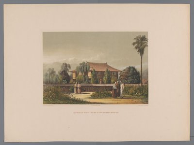 Kilátás a deshimai doktor házára, előtérben a botanikus kerttel La demeure du médecin à Desima au fond du jardin botanique (cím a tárgyon) Souvenir du Japon vues d