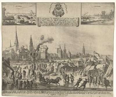 Jégszórakozás a befagyott Scheldten Antwerpenben, 1684 Le vray poutraict, du Triomphe faict sur la glace demy navigable, de la riviere d
