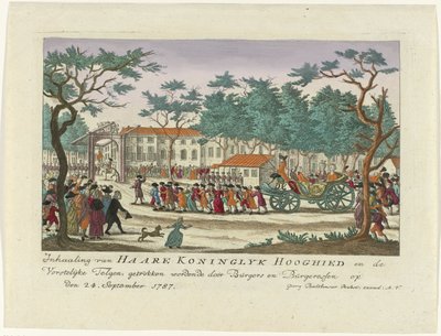 A narancssárga hercegnő és a gyerekek előzése, 1787 Haare Koninglyk Hooghied és a Royal Scions előzése, Burgers és Burgeressen rajza 1787. szeptember 24-én (cím a tárgyon) Színes német nyomatok az eseményről alkotó: Anonymous