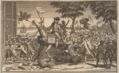 John Law Sancho Panza szamaráról, 1720 Law, mint egy második Don-Quichot, kigúnyolja Sanches Graauwtjét (cím a tárgyon) A bolondság nagy jelenete (sorozat címe) alkotó: Anonymous