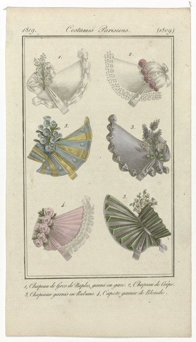 Journal des Dames et des Modes, Costumes Parisiens, 1819. április 15., (1809): 1, Gros de Naples Hat (...) alkotó: Anonymous