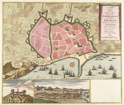 Kaart van Barcelona, ​​kb. 1706 Katalónia tartomány fővárosa, Barcelona városának régi és új erődítményeinek valódi és pontos terve (cím az objektumon) alkotó: Anonymous