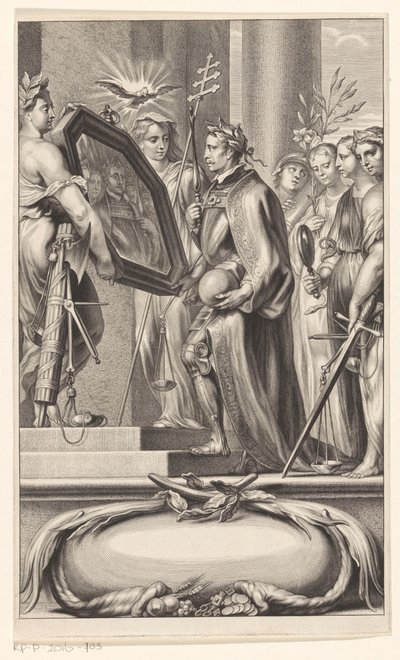 Kinget az Igazság és a Hit tartja tükröt Címlap: Petrus Belluga és Camillo Borello, Speculum principum, 1655 alkotó: Anonymous
