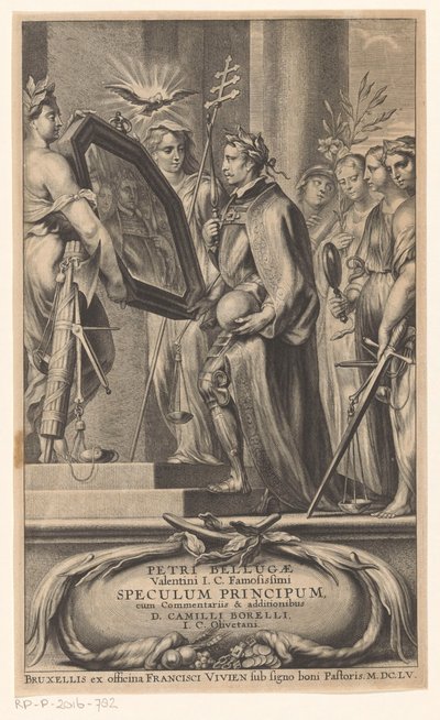 A királyt az Igazságosság és a Hit tükrözi Címlap: Petrus Belluga és Camillo Borello, Speculum principum, 1655 alkotó: Anonymous