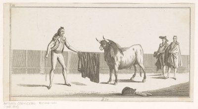 Matador kihív egy bikát Coleccion de las Principles suertes de una corrida de toros (sorozat címe az objektumon) A legfontosabb bikaviadal manőverek gyűjteménye (sorozat címe) alkotó: Anonymous