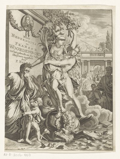Minerva eltaposja a tűzokádó tengeri szörnyet Új alnémet és francia szótár (cím a tárgyon) Címlap ehhez: François Halma, Holland és francia nyelvek szótára, 1710 alkotó: Anonymous