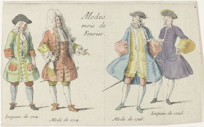 Modes Mois de Fevrier (cím az objektumon) Négy férfi 1714 és 1726 divatja szerint öltözött Mercure de France (sorozat címe) alkotó: Anonymous