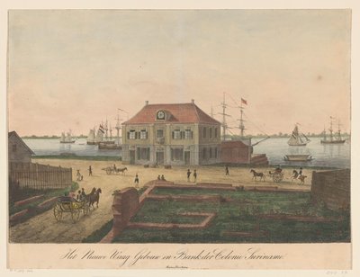Nieuwe Waag Paramaribo vízpartján A Nieuwe Waag épület és a Bank der Colonie Suriname (cím az objektumon) alkotó: Anonymous