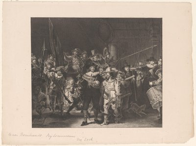Az amszterdami II. kerület tisztjei és más fegyveresei Frans Banninck Cocq kapitány és Willem van Ruytenburch hadnagy vezetésével, akiket „éjszakai őrségnek” neveznek. alkotó: Anonymous
