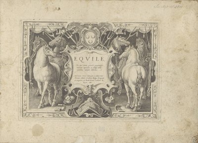 Ornamenteel cartouche met geflankeerd door paarden A ló, amelyben mindenféle nemes: a világ legkülönbözőbb pontjairól megkülönböztetett lovak viselkedése válogatott (...) (sorozat címe tárgyon) alkotó: Anonymous
