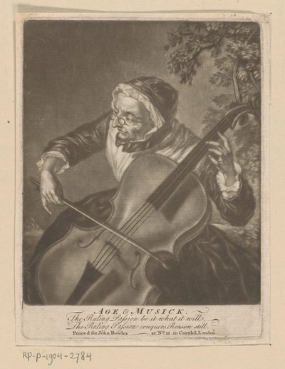 Öreg nő csellón játszik Age & Musick (cím a tárgyon) alkotó: Anonymous