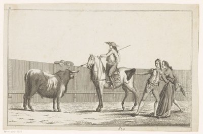 Picador egy bikára irányítja lándzsáját Coleccion de las Principles suertes de una corrida de toros (sorozat címe az objektumon) A legfontosabb bikaviadal manőverek gyűjteménye (sorozat címe) alkotó: Anonymous