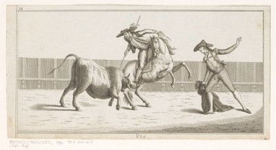 Picador egy bikába szúrja a lándzsáját Coleccion de las Principles suertes de una corrida de toros (sorozat címe az objektumon) A legfontosabb bikaviadal manőverek gyűjteménye (sorozat címe) alkotó: Anonymous