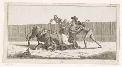 Picador leesett a lováról Coleccion de las Principles suertes de una corrida de toros (sorozat címe az objektumon) A legfontosabb bikaviadal manőverek gyűjteménye (sorozat címe) alkotó: Anonymous