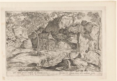 Rotsachtig landschap met dak op palen en rechts leeuw Távol a világtól, nádtető alatt, Landschappen naar Domenico Campagnola (sorozat címe) alkotó: Anonymous