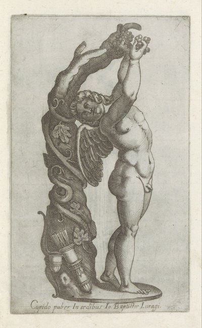 Sculptuur van Amor die druiven plukt Cupido puber Io Baptiste Lugari házában (cím a tárgyon) Antik szobrok Rómában (sorozat címe) Róma városának nyilvános helyeken látható ősi szobrainak ikonjai (sorozat címe) alkotó: Anonymous