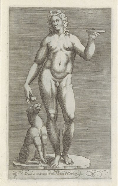 Sculptuur van Bacchus en een hond Bacchus és márvány a Vallens-i palota területén (cím a tárgyon) Antik szobrok Rómában (sorozat címe) Róma városának nyilvános helyeken látható ősi szobrainak ikonjai (sorozat címe) alkotó: Anonymous