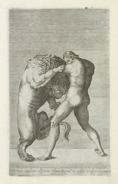 Herkules szobra a Nemeïsche oroszlánnal vívott csatában Oroszlánnal harcoló Herkules szobra Róma falai között (cím a tárgyon) Antik szobrok Rómában (sorozat címe) Róma városának nyilvános helyeken látható ősi szobrai közül i alkotó: Anonymous
