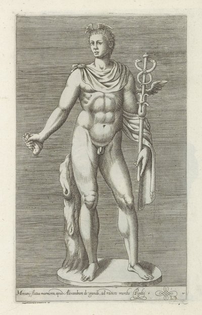 Sculptuur van Mercurius Merkúr márványszobor, Nagy Sándornál (...) (cím a tárgyon) Antik szobrok Rómában (sorozat címe) Róma városának nyilvános helyeken látható ősi szobrainak ikonjai (sorozat címe) alkotó: Anonymous