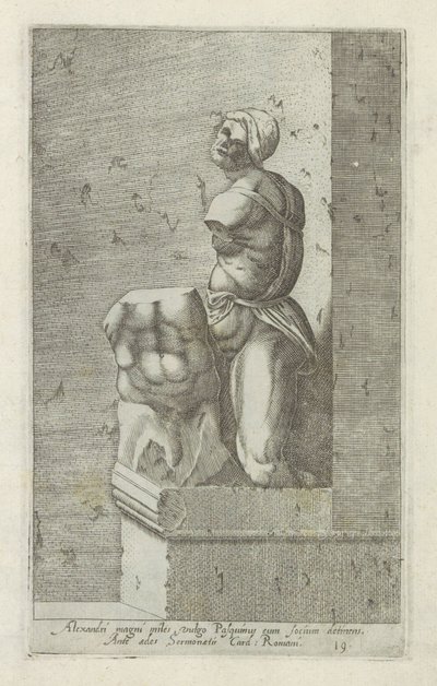 Pasquino szobra Nagy Sándor katonája, közismert nevén Pasquinus, kezében Phocius (...) (cím a tárgyon) Antik szobrok Rómában (sorozat címe) Róma városának nyilvános helyeken látható ősi szobrainak ikonjai (sorozat címe) alkotó: Anonymous