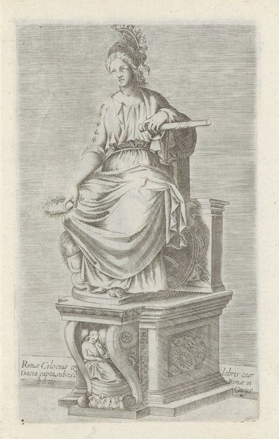 Sculptuur van Rome Híres római gyarmatosító, akinek Daciát elfogták Rómában, Caerius kertjében (cím a tárgyon) Antik szobrok Rómában (sorozat címe) Róma városának nyilvános helyeken látható ősi szobrainak ikonjai (sorozat címe) alkotó: Anonymous