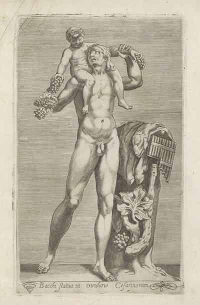Sculptuur van Silenus met de jonge Bacchus op zijn schouders Bacchus szobra a Cézárok kertjében (cím a tárgyon) Antik szobrok Rómában (sorozat címe) Róma városának nyilvános helyeken látható ősi szobrainak ikonjai (sorozat címe) alkotó: Anonymous