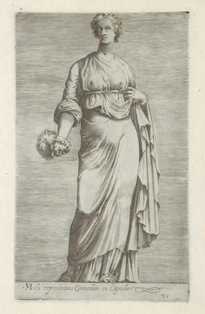 Sculptuur van Thaleia, muze van de komedie A vígjátékot képviselő múzsa a Capitoliumban (cím a tárgyon) Antik szobrok Rómában (sorozat címe) Róma városának nyilvános helyeken látható ősi szobrainak ikonjai (sorozat címe) alkotó: Anonymous