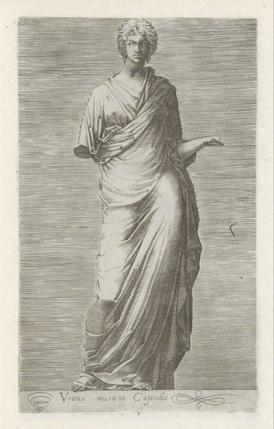Sculptuur van Urania, muze van de sterrenkunde Uránia, a múzsa a Capitoliumban (cím a tárgyon) Antik szobrok Rómában (sorozat címe) Róma város ókori szobrainak ikonjai, amelyek nyilvános helyeken láthatók (sorozat címe) alkotó: Anonymous
