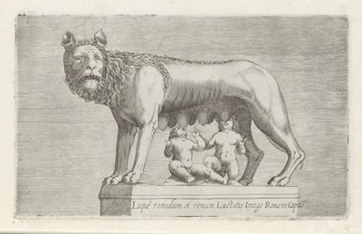Sculptuur van de Lupa Capitolina die de tweeling Romulus en Remus zoogt Romulus és Remus Róma farkasképét szoptatják Capitoban (cím a tárgyon) Antik szobrok Rómában (sorozat címe) Róma városának nyilvános helyeken látható ősi szobrairól ic alkotó: Anonymous