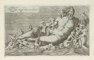 Sculptuur van de Rivier de Nijl Nílus-folyós kép Rómáról a Vatikánban (cím a tárgyon) Antik szobrok Rómában (sorozat címe) Róma városának nyilvános helyeken látható ősi szobrainak ikonjai (sorozat címe) alkotó: Anonymous