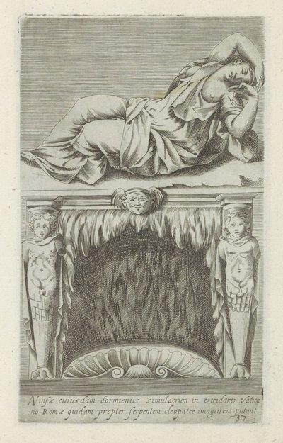 Sculptuur van de sleepende Ariadne boven een schouw Egy bizonyos alvó nimfa képe a római vatikáni kertben egyesek szerint Kleopátra képmása a kígyó miatt (cím a tárgyon) Antik szobrok Rómában (sorozat címe) A város ősi szobrai alkotó: Anonymous