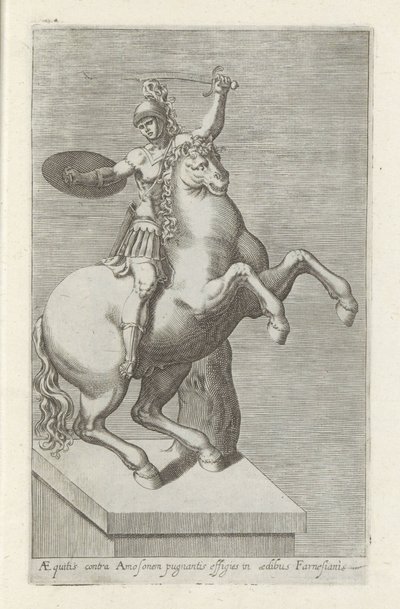 Sculptuur van een Romeinse soldaat te paard Equites Amos ellen (...) (cím a tárgyon) Antik szobrok Rómában (sorozat címe) Róma városának nyilvános helyeken látható ősi szobrainak ikonjai (sorozat címe) alkotó: Anonymous
