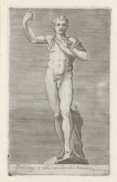 Sculptuur van een faun Faun képe egy római nemes házában (cím a tárgyon) Antik szobrok Rómában (sorozat címe) Róma városának nyilvános helyeken látható ősi szobrainak ikonjai (sorozat címe) alkotó: Anonymous