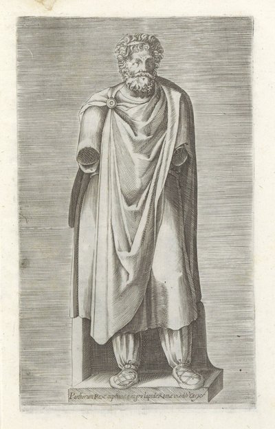 Sculptuur van een gegengen koning Parthorium király foglyai Róma fekete kövéből Cesys épületében (cím a tárgyon) Antik szobrok Rómában (sorozat címe) Róma városának nyilvános helyeken látható ősi szobrainak ikonjai (sorozat címe) alkotó: Anonymous