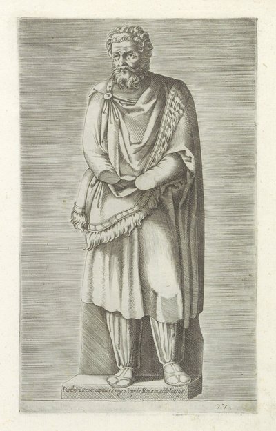 Sculptuur van een gegengen koning Parthorus király foglyai Róma fekete kövéből Cesys épületében (cím a tárgyon) Antik szobrok Rómában (sorozat címe) Róma városának nyilvános helyeken látható ősi szobrainak ikonjai (sorozat címe) alkotó: Anonymous