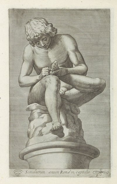 Sculptuur van een jongen met een doorn in de voet Gerincvelő Róma bronz szimulákruma a fővárosban (cím a tárgyon) Antik szobrok Rómában (sorozat címe) Róma városának nyilvános helyeken látható ősi szobrainak ikonjai (sorozat címe) alkotó: Anonymous