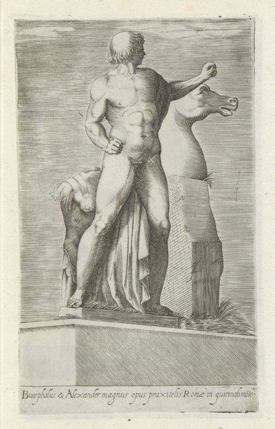 Sculptuur van een van de Dioscuren a Quirinaal te Rómában Bucephalus és Alexander nagy alkotás (...) (cím a tárgyon) Antik szobrok Rómában (sorozat címe) Róma városának nyilvános helyeken látható ősi szobrainak ikonjai (sorozat címe) alkotó: Anonymous