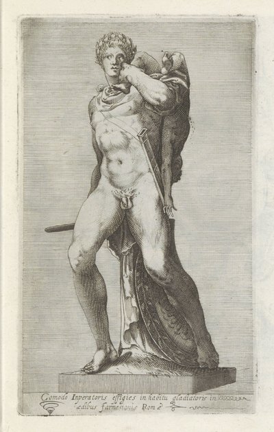 Sculptuur van Keizer Commodus vagy gladiátor A császár kényelmes portréja gladiátorruhában (...) (cím a tárgyon) Antik szobrok Rómában (sorozat címe) Róma városának nyilvános helyeken látható ősi szobrainak ikonjai (sorozat címe) alkotó: Anonymous