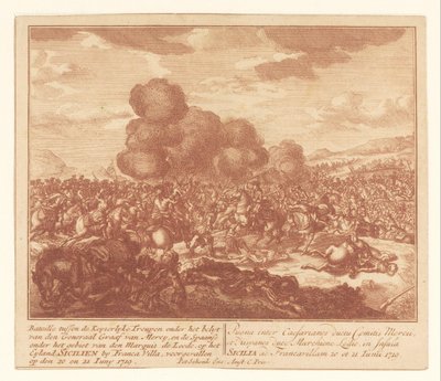 Csata a császári csapatok és a spanyolok között Szicíliában, 1719 júniusában Bataille a Graaf van Mercy tábornok irányítása alatt álló Keyserlijke Troupen és a de Leede márki irányítása alatt álló spanyolok között (...) (cím a tárgyon) alkotó: Anonymous