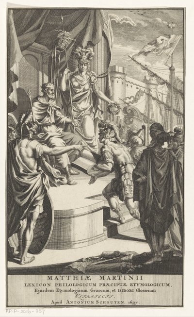 Katona könyvet ajándékoz a királynak Címlap ehhez: Matthias Martinius, Lexicon philologicum praecipuae etymologicum, 1697 alkotó: Anonymous