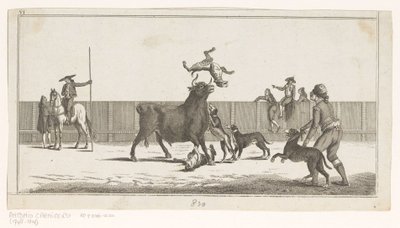 Kutyák támadták meg a bikát Coleccion de las Principles suertes de una corrida de toros (sorozat címe az objektumon) A legfontosabb bikaviadal manőverek gyűjteménye (sorozat címe) alkotó: Anonymous
