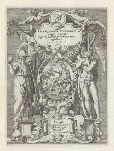 Titelprent találkozott Roma, Minerva en Saturnus Antik szobrok Rómában (sorozat címe) Róma város ókori szobrainak ikonjai, amelyek nyilvános helyeken láthatók (a sorozat címe a tárgyon) alkotó: Anonymous
