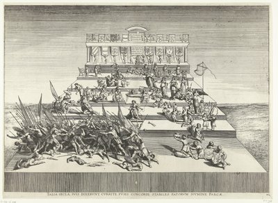 Toneelvoorstelling over oorlog en vrede; intocht van Ferdinand te Gent 1635-ben (42. sz.) Az ilyen évszázadok, mondták a magukénak, futnak, orsókkal összhangban, stabilan, a sorsistentől megkímélve (cím a tárgyon) V. Károly Genethliacon Színháza alkotó: Anonymous