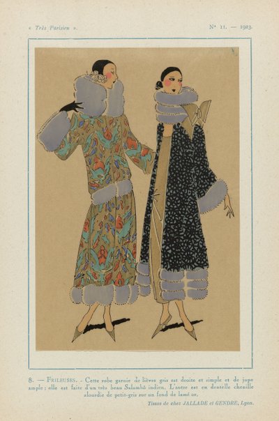 Nagyon párizsi, 1923, 11. sz.: 8. - FRILEUSES. - Ez a szürke nyúl szegélyezett ruha... alkotó: Anonymous