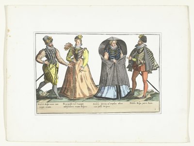 Két férfi és két nő a divat szerint öltözve Hollandiában, 1580 körül Civils des Pays-Bas jelmezek (cím a tárgyon) alkotó: Anonymous
