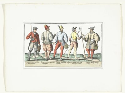 Négy paraszt a jelenlegi és egy a régi divat szerint öltözve, 1580 körül Modes Rustiques (cím az objektumon) alkotó: Anonymous