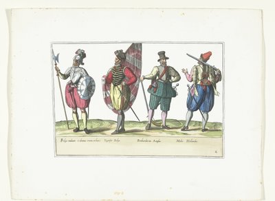 Négy katona egyenruhában a hollandiai és angliai divat szerint, 1580 körül Katonai des Pays-Bas jelmezek (cím a tárgyon) alkotó: Anonymous