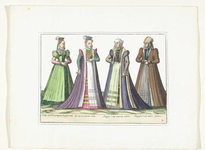 Négy német divat szerint öltözött nő Augsburgban, 1580 körül Jelmezek (cím a tárgyon) alkotó: Anonymous
