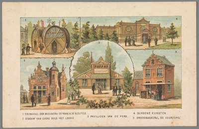 Öt pavilon az amszterdami világkiállításon, 1883 1 A De Haan & De Sleutels sörfőzde ivóterme. 2 Lucas Bols épülete - Het Loosie. 3 Sajtópavilon. 4 Képzőművészet. 5 De Voorzorg kenyérpékség. (cím a tárgyon) Emlékeztető aa alkotó: Anonymous